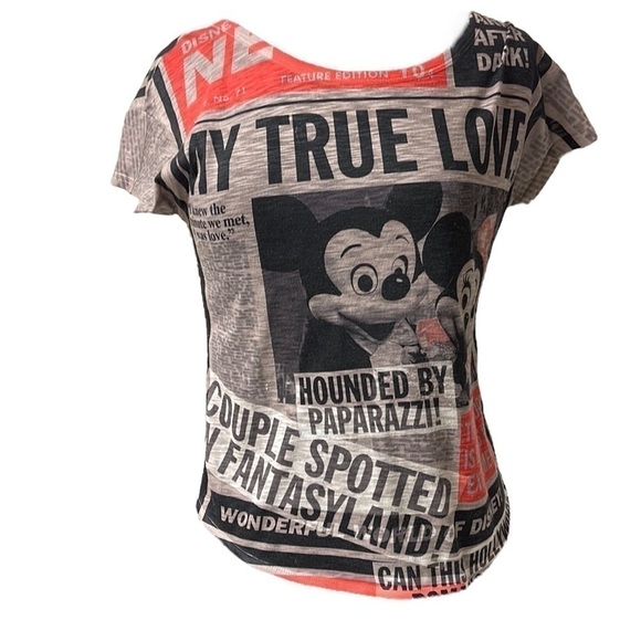 DISNEY Parks My True Love Mickey and Minnie Newspaper Print Shirt Women's - Picture 5 of 9